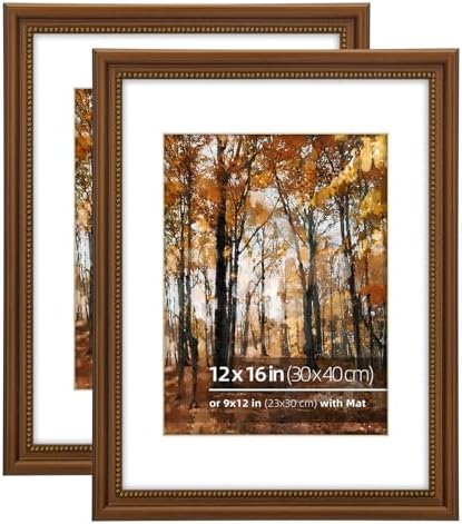 12x16 in Wood Classic Gallery Poster Picture Frame 2 Pack, Gold Ornate Beaded Inner, Matted for 9x12 Photo, Vertical or Horizontal Wall Mount Display, Brushed Brown Brass