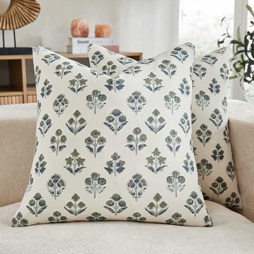 Floral Throw Pillow Covers Set of 2, 18x18 Inches Olive