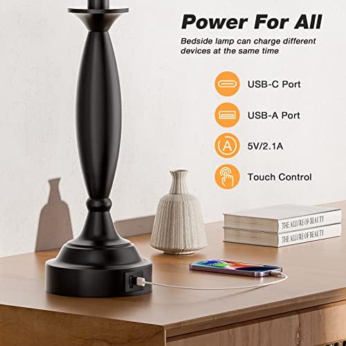 Bedroom Lamps for Nightstand, 3 Way Dimmable Black Bedside Lamps with USB