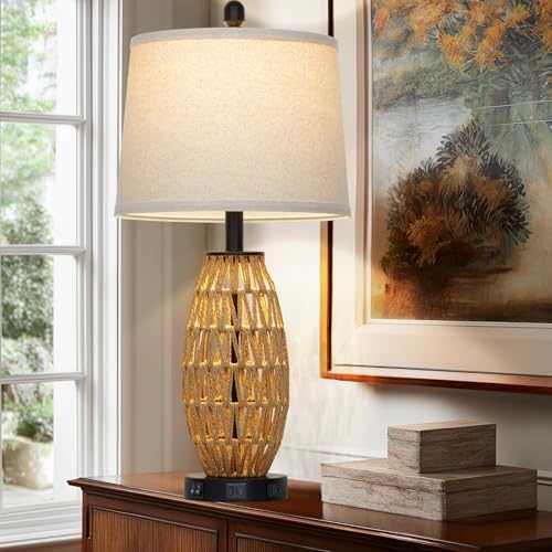 27" Boho Rattan Table Lamp Single, Wicker Bedroom Lamp with Night Light, Woven Coastal Bedside Lamps for Nightstand with USB A+C Charging Port & AC Outlet, Farmhouse Lamps for Living Room