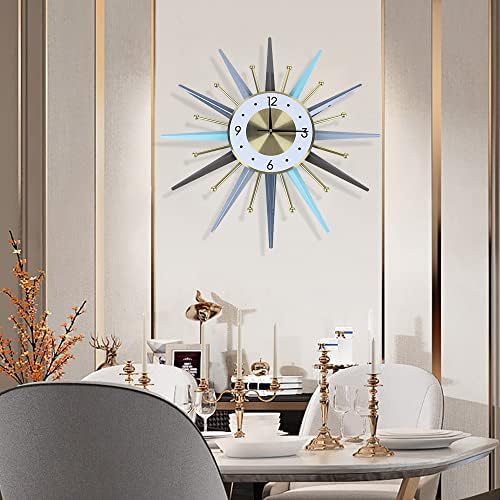 Mid Century Wall Clock, 22.8 Inch Large Metal Clock Starburst Wall Clocks, Home Decor Blue Wall Clock for Living Room/Bedroom/Kitchen