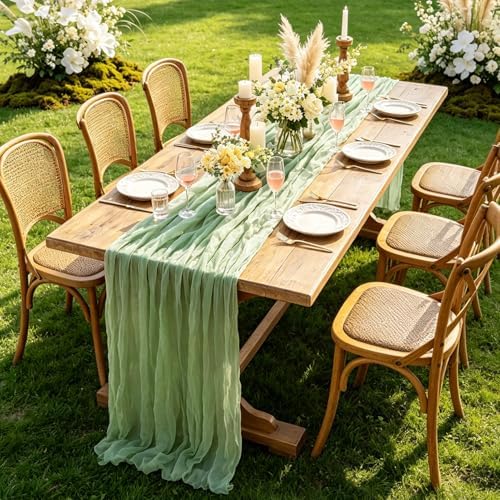 3Pcs Sage Green Cheesecloth Table Runner, 10FT Rustic Green Boho Gauze Table Runner for Spring Easter Woodland Safari Baby Shower Bridal Shower Wedding Tea Party Birthday Decorations