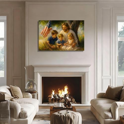 RIBNTAK Made in USA Patriotic Christian Wall Art, Jesus with Kids and US Flag Canvas Print, Inspirational Religious Home Decor for 4th of July, Memorial Day, and Christian Family Gifts