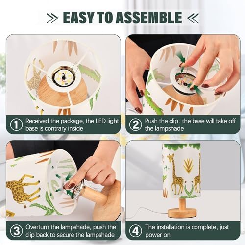 Table Lamp African Animal Giraffe Crocodile Monkey Palm Tree Jungle Leaf Nightstand Lamp with Wood Base Fabric Lamp Shade Bedside Desk Lamp for Living Room Bedroom Kids Room Office
