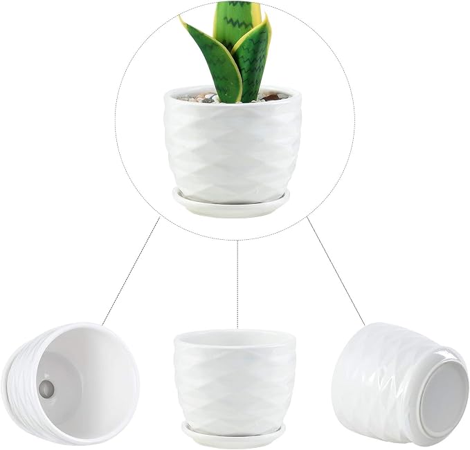 sietpoek 4.7” Ceramic Plant Pots with Drainage and Saucer 4PCs White | White Ceramic Flower Pots with Drainage Hole and Saucer, Decorative Planter for Indoor Outdoor Garden Plants Succulen