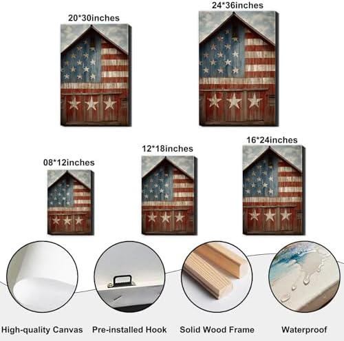 RIBNTAK Rustic American Flag Barn Canvas Wall Art, Vintage Patriotic Farmhouse Artwork Pictures, Americana Country Wall Decor for Living Room Bedroom Entryway Office