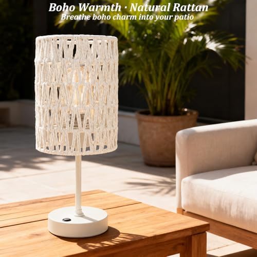 Boho Cordless Outdoor Table Lamps, Rechargeable Battery Operated Rattan Table Lamps, Stepless Dimmable, for Covered Patio, Porch, Gazebo, Living Room, Bedroom Decor- Set of 2 (Ivory White)