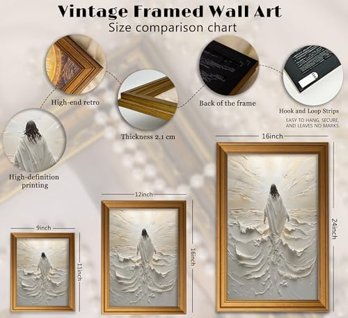 Vintage Gold Framed Jesus Wall Art Abstract Jesus Walking on Water Canvas Prints Christian Spiritual Picture Divine Light Religious Beliefs Painting Poster Artwork for Living Room Bedroom Church