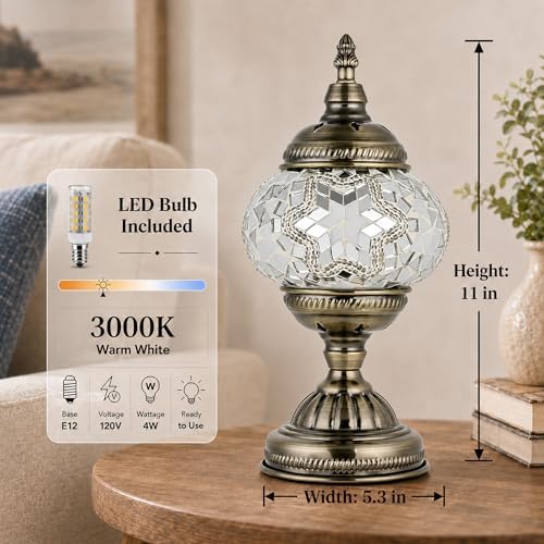 GOGERS Turkish Moroccan Table Lamp Lantern with Handmade Mosaic Glass Lampshade Tiffany Style Bohemian Stained Glass Decorative Desk Lamps Bedside Night Lights for Bedroom (White 2)