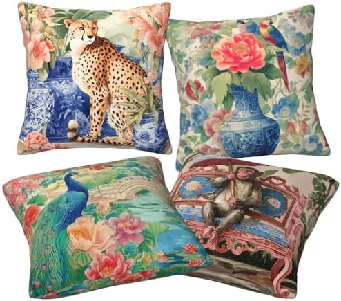 Chinoiserie Throw Pillow Covers Set of 4 Decorative Soft Double Sided Print Pillow Case Farmhouse Home Decor for Living Room Sofa Couch 18x18