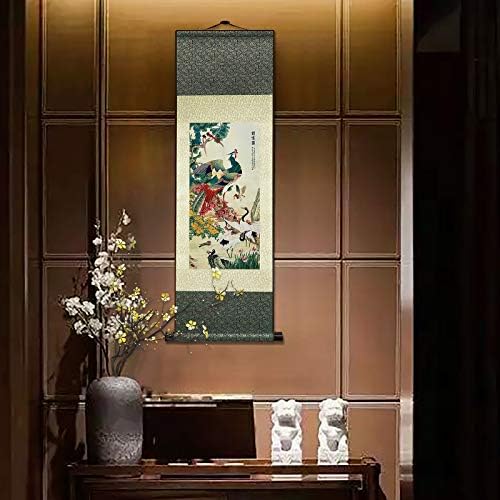 AtfArt Asian Wall Decor Beautiful Silk Scroll Painting Birds - A Hundred Birds Respect The Phoenix Oriental Decor Chinese Art Wall Scroll Wall Hanging Painting Scroll (36.2 x 12 in)