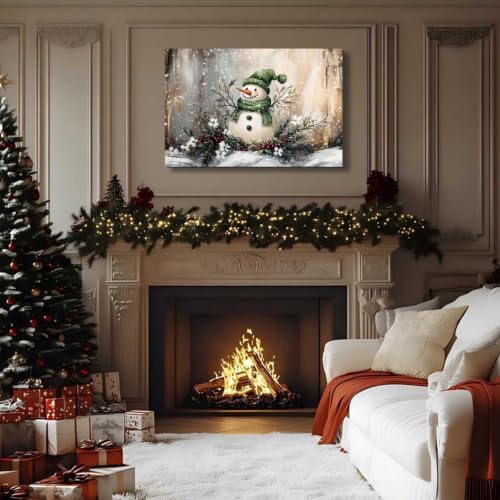 Vintage Christmas Snowman Canvas Art 16x24inch, Festive Wall Art with Snowmen in Winter Scene Paintings, Framed Winter Wonderland Decorations, Perfect for Christmas Room Decor