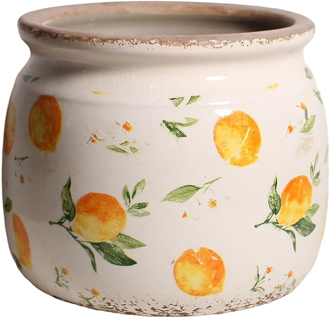 Lemon Ceramic Planter, Italian Mediterranean Flower Pot for Indoor Plants | 6.29" Tuscan Vase & Plant Pot with Drainage, Amalfi Coast Style Kitchen Home Decor Gift, Lemon Yellow