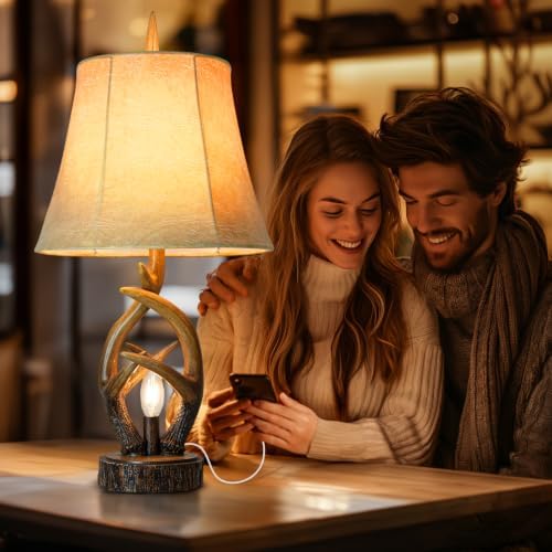 Scenekoy Rustic Antlers Table Lamp Set of 2 with USB Ports, Night Light