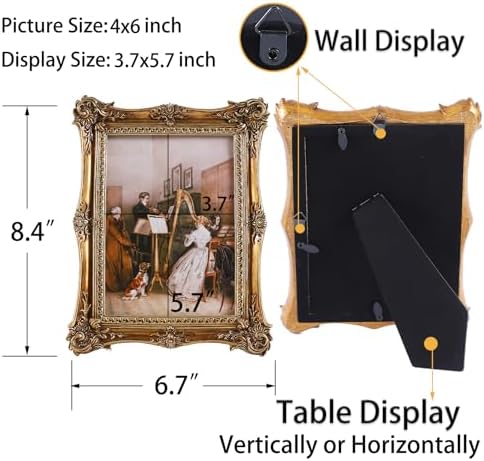 SIKOO Vintage Picture Frames 4x6 Antique Ornate Picture Frame Tabletop and Wall Mount Display Vintage Wall Decor Gallery Retro Home Decor Bronze Gold