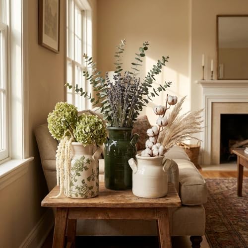 Ceramic Vase Set of 3 with Two Handles, Green White Neutral Rustic Modern Farmhouse Boho Decor, Versatile as Table Centerpiece or Mantel & Shelf Accent - Unique Home Gift Idea