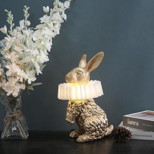 Gold Standing Bunny Lamp, Resin Scarf Rabbit Table Lamp with White Pleated PC Lampshade, USB Plug LED Nightstand Lamp, Cute Bedside Night Light for Bedroom Nursery Home Decor