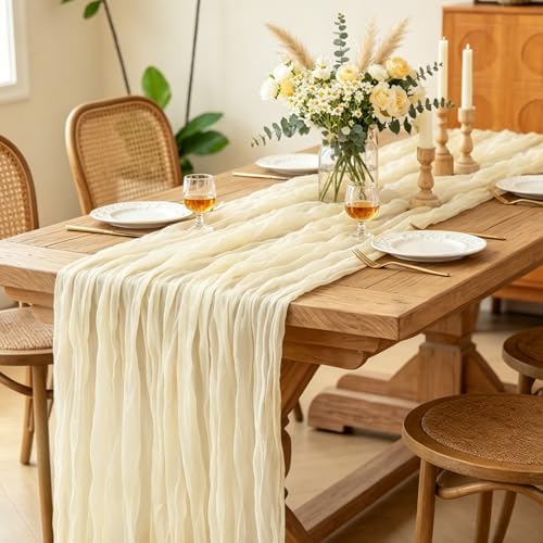 Beige Cheesecloth Table Runner, 10FT Rustic Beige Boho Gauze Table Runner for Wedding Bridal Shower Baby Shower Birthday Tea Party Decorations