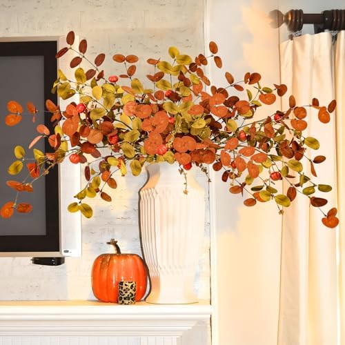Uieke 8PCS Artificial Fall Eucalyptus Stems, 28inch Fall Eucalyptus Leaves Branches with Orange Pumpkins Long Stems Fall Decorations for Home Autumn Florals Arrangement Thanksgiving Decor