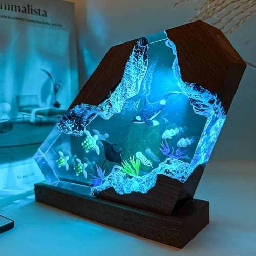 Killer Whale Ocean Resin Lamp with Wooden Base