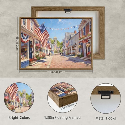American Flag Framed Canvas Wall Art, 4th of July Patriotic Canvas Prints | USA Flag with Small Town Street Poster Print, Independence Day Wall Decor for Bedroom Living Room 6×8in