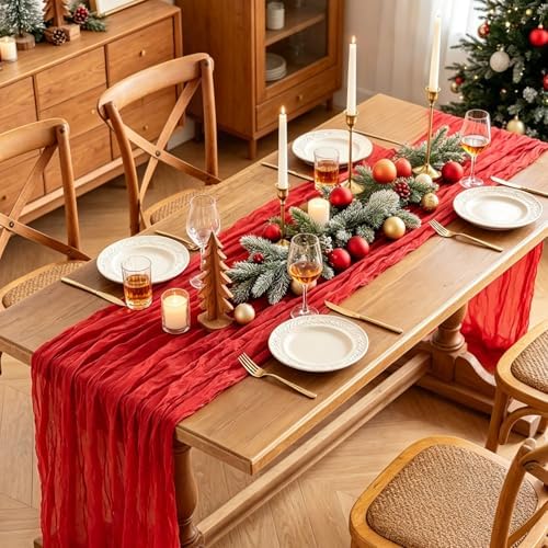 Red Cheesecloth Table Runner, 10FT Rustic Christmas Red Boho Gauze Table Runner for Christmas Wedding Bridal Shower Baby Shower Birthday Tea Party Decorations