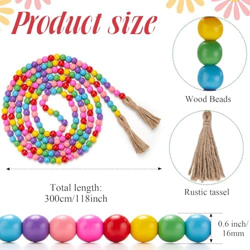 Equsion Rustic Wood Bead Garland with Tassel Farmhouse,Candy Colors