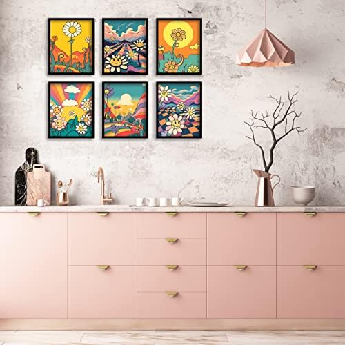 Hippie Wall Art Retro Wall Decor Prints Set of 6 Hippie Flower Canvas 60s 70s Vintage Posters Abstract Minimalist Inspirational Happy Face,Good day,Earth Day Photos Boho Positive Pictures for Living room Bedroom (D, 11"x14" UNFRAMED)