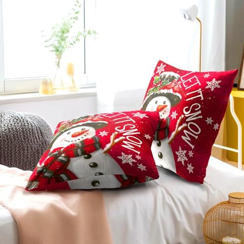 Xmas Pillow Covers 24x24 Inch 2 Packs Christma Snowman Snowflake Decorative Red Pillow Cases Winter Holiday Red Cotton Cushion Cover for Home Sofa Couch Decor