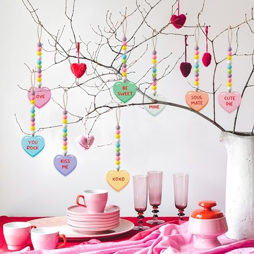 WATINC 8pcs Valentine's Day Wooden Bead Conversation Heart Garland, Sweet Love Wood Hanging Ornament, Double-sided Romantic Heart Pendant Hang Decor with Rope for Happy Valentine Party Tree Wall Decor