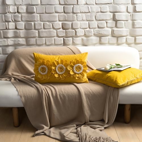 JWH 3D Flower Throw Pillow Cover Sunflower Yellow White 12x20 Inches