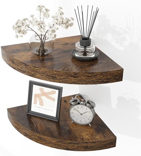 Fun Memories Floating Corner Shelves Set of 2 - Rustic Wood Wall Mounted Storage and Display Shelves for Living Room, Bedroom, Kitchen, Bathroom - Space Saving Home Decor, Brown
