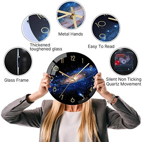 VIKMARI 12" Black Glass Night Sky Pattern Round Silent Wall Clock Decor