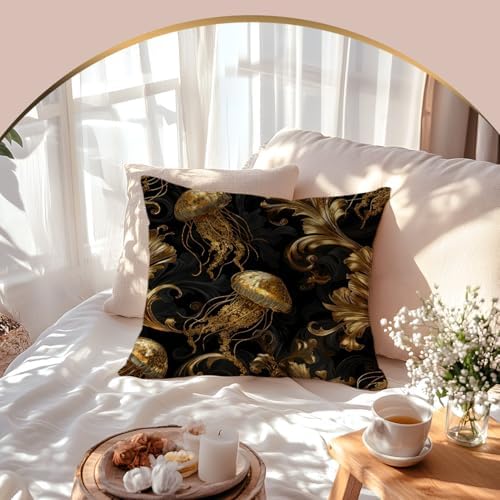 Vintage Baroque Jellyfish Black and Gold Throw Pillow Cover 18x18