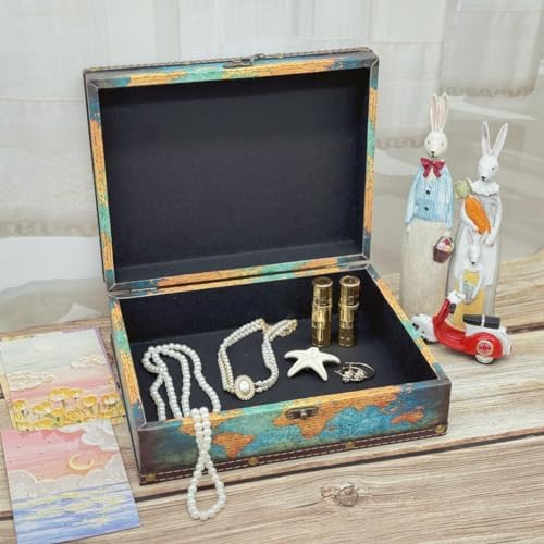Treasure Box Vintage Wooden + PU Leather Decorative Trinket Jewelry Box Memento Case Box Keepsake Box Gifts For Kids Girls Women Men Home Decor (Map/Green, Medium)