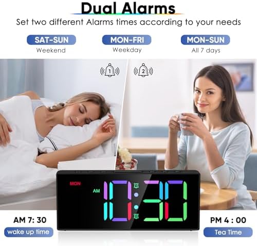 Tetino Alarm Clock for Heavy Sleepers, Digital Clocks with Adjustable Volume Brightness,Snooze,Battery Backup, Large Numbers Display RGB Colorful Changing Clock for Bedrooms,Office Living Rooms