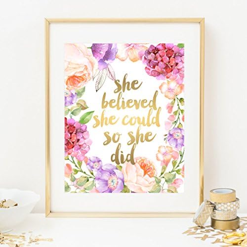 Eleville Unframed She Believed she Could so she did Real Gold Foil and Floral Watercolor Art Print Kids Art Quote Teen Room Wall Art Nursery Decor Motivational Inspirational Print WG089 (8X10 inch)