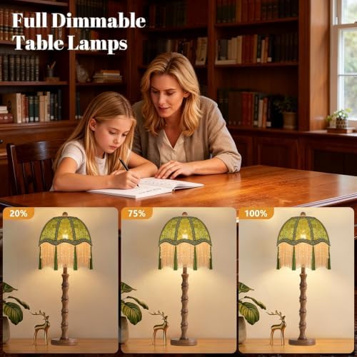 Vintage Table Lamps For Living Room Dimmable Retro Bedside Nightstand Lamps With Victorian Fringe,Small Wood Tall Desk Table Light Mid Century Modern Table Lamp for Bedroom Living Room