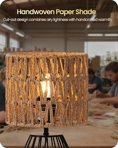 Rattan Table Lamp, Boho Table Lamp, Small Bedside Lamp, Handwoven Paper Lampshade, 2700K LED Bulb Included, Boho Desk Lamp, Modern Nightstand Lamp for Bedroom, Living Room, HW06TL05