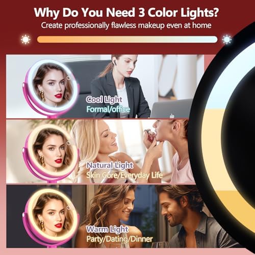 MIYADIVA Makeup Mirror with Lights, 20X Magnifying Mirror with Light and Touch Switch, 2-Sided Vanity Mirror with 3 Color and 80 LEDs, Hot Pink