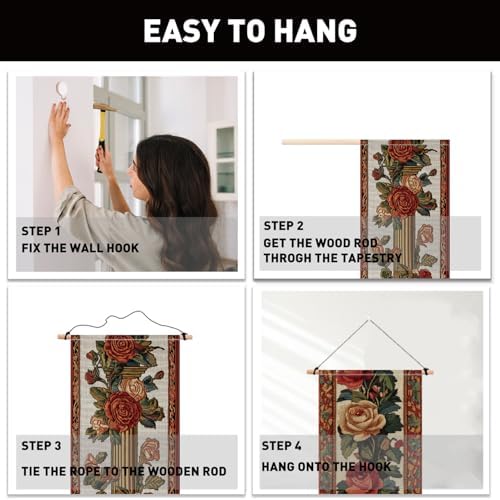 PLIGREAT 2 Pack Vintage Floral Tapestry with Tassels, 52" x 13" Rose Border Vine Aesthetic Wall Hanging Vertical Home Art Tapestry for Bedroom Living Room Bathroom Long Narrow Wall Hanging Art Decor