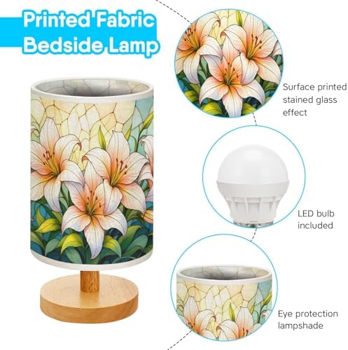 Lilies Table Lamp LED 3-Color Pressed Bedside, Lilies Shade Lamp with Wood Base for Bedroom Living Room Desk Office TL01