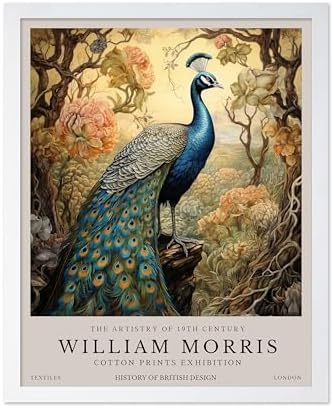 Poster Master William Morris Poster - Peacock Print - Bird Art - Botanical Design - Flower Art - Exhibition Display - Animal Illustration - Floral Design - Aesthetic Office or Bedroom Decor - 11x14 White Framed