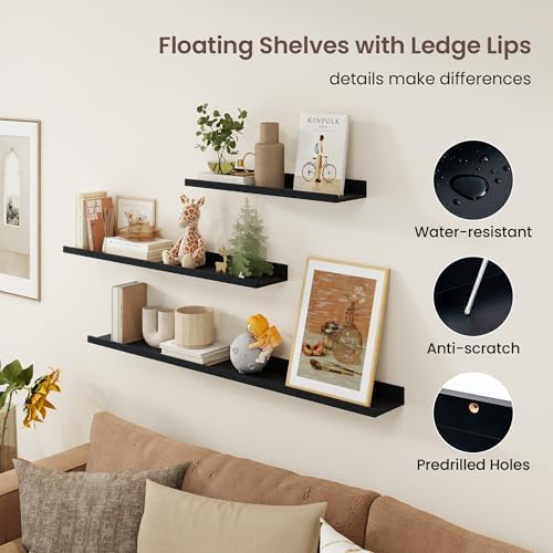 Axeman Picture Ledge Shelf, 24 Inch Black Floating Shelves Set of 3
