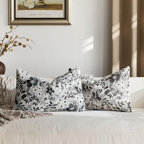 Vintage Floral Lumbar Pillow Covers 12x20 Pack of 2 Country Farmhouse Accents Chenille Jacquad Rectangular Decorative Throw Pillow Cases for Living Room Couch Bed Home Decor, Deep Brown