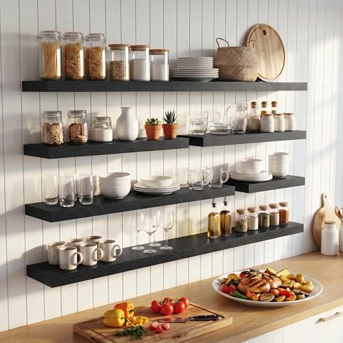 FLYJOE 30 Inch Floating Shelves for Wall Set of 2, 6.5" D Wood Grain Bathroom Shelves with Invisible Brackets, Easy Install Engineered Wood Storage Shelves for Kitchen, Living Room, Bedroom