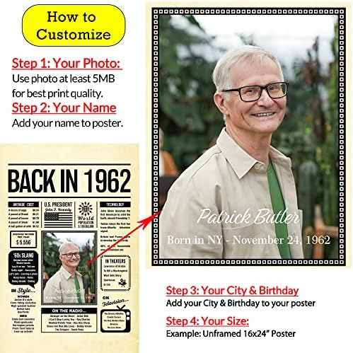 Personalized 63 year old birthday gifts - Back in 1962 Poster - Centerpiece Table Decorations 63rd Birthday Party - Custom Born in 1962 Newspaper Vintage Poster for Men, Women