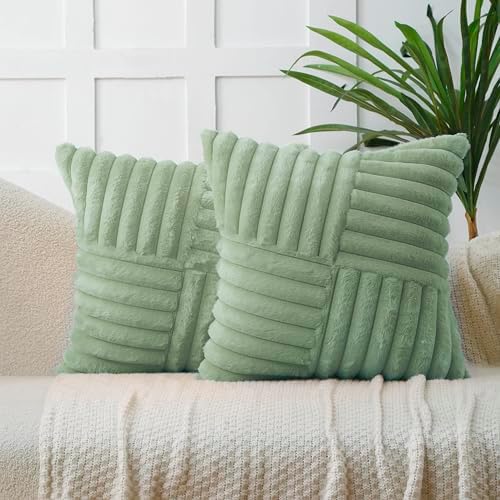 All Smiles Sage Green FauxFur Decorative Throw Pillow Covers 26x26 Set of 2