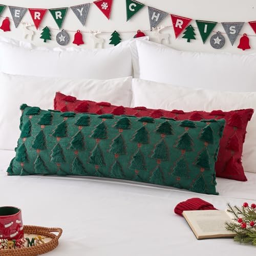 Kevin Textile Christmas Tree 14x36 Inch Long Lumbar 1 Pack Luxury Embroidery Soft Plush Faux Fur Rectangle Cushion Case for Couch Sofa Holiday Festivals Winter Xmas Gift, Dark Green