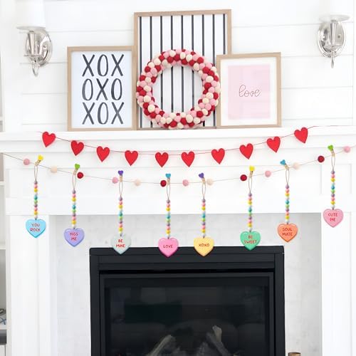 WATINC 8pcs Valentine's Day Wooden Bead Conversation Heart Garland, Sweet Love Wood Hanging Ornament, Double-sided Romantic Heart Pendant Hang Decor with Rope for Happy Valentine Party Tree Wall Decor